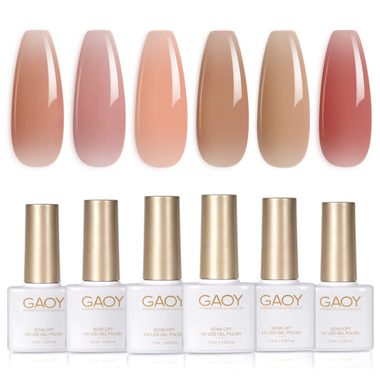 GAOY Sheer Nude Pink Gel Nail Polish Set, 6 Neutral Colors Brown Skin Tone Soak Off UV Light Cure Gel Polish Kit for Salon and Nail Art DIY at Home