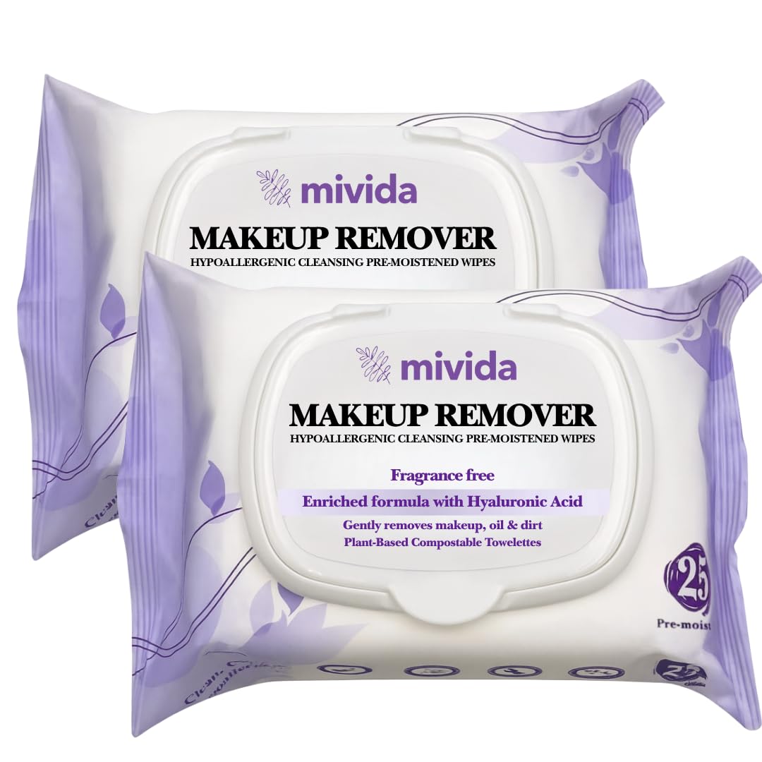 mivida Hypoallergenic Makeup Remover Wipes | 2 Pack of 25 Count With Hyaluronic Acid | Fragrance Free, Alcohol Free, Plant Based Wipes