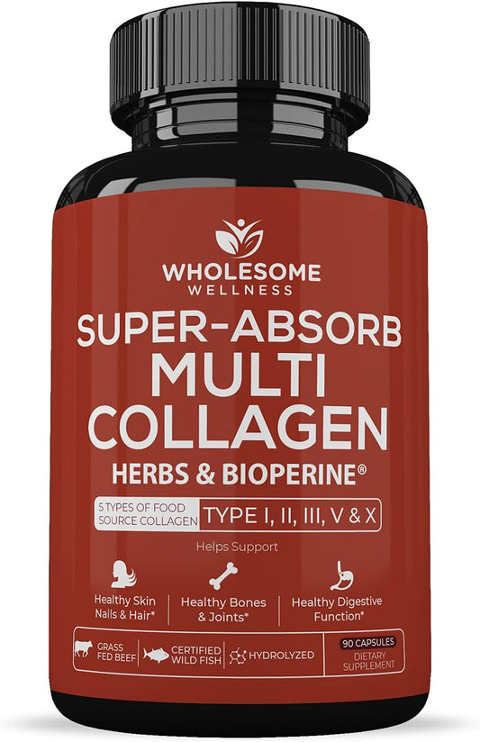 Wholesome Wellness Super-Absorb Multi Collagen Pills (Type I II III V X) Organic Herbs & Bioperine - Hair, Skin, Nails - Hydrolyzed Peptides Protein Supplement for Women & Men (90 Capsules)