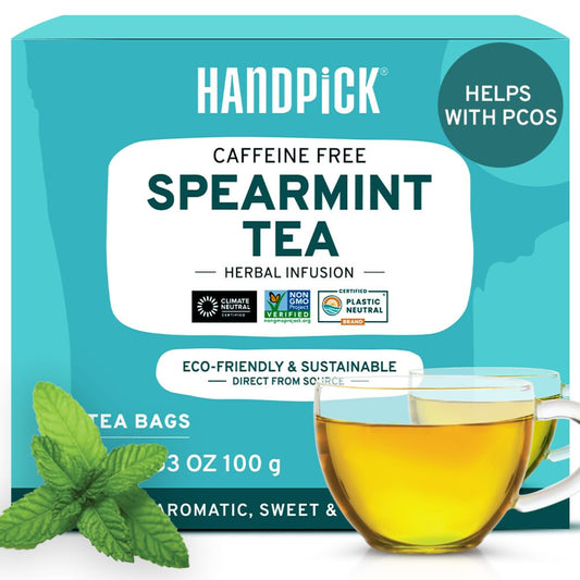 HANDPICK, Spearmint Tea Bags for PCOS relief (100 Herbal Tea Bags) |Refreshing Mint Tea | Non-GMO | Round Eco-Conscious Teabags