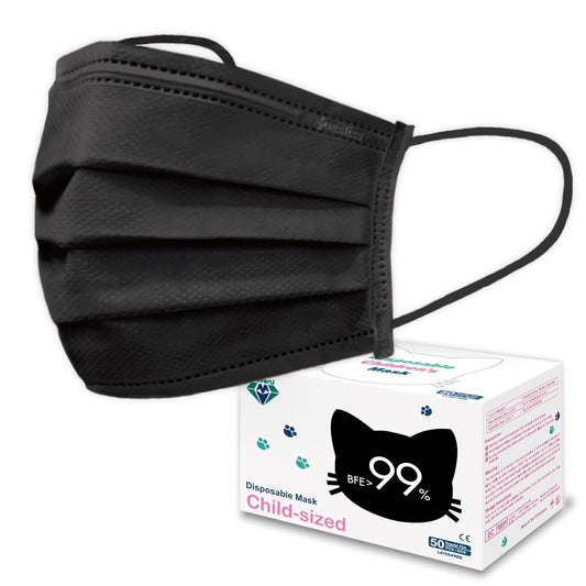 Medtecs Kids Face Mask Disposable - 2 Sizes Option (Child/Youth) 50 PCs - Comfy 3-Ply Breathable Children Masks, The Better Choice - Child | Black