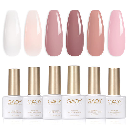 GAOY Pink Nude Gel Nail Polish Set, 6 Neutral Colors Jelly Milky White Soak Off UV Light Cure Gel Polish Kit for Salon and Nail Art DIY at Home