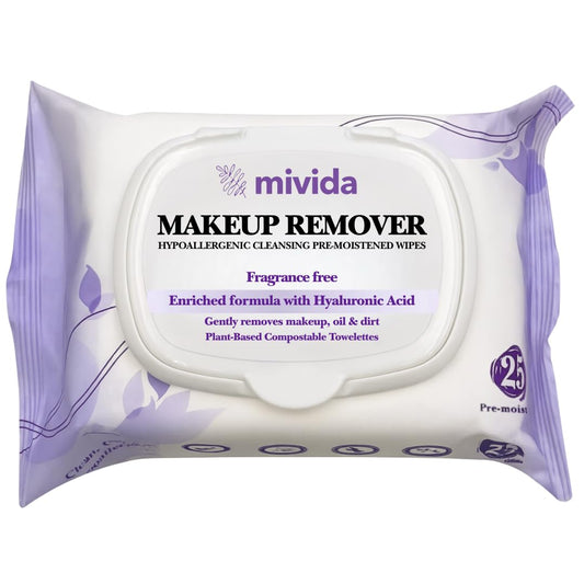 mivida Hypoallergenic Makeup Remover Wipes with Hyaluronic Acid | Gentle on All Skin Types | Fragrance-Free & Alcohol-Free, 25 Count | Plant Based Wipes