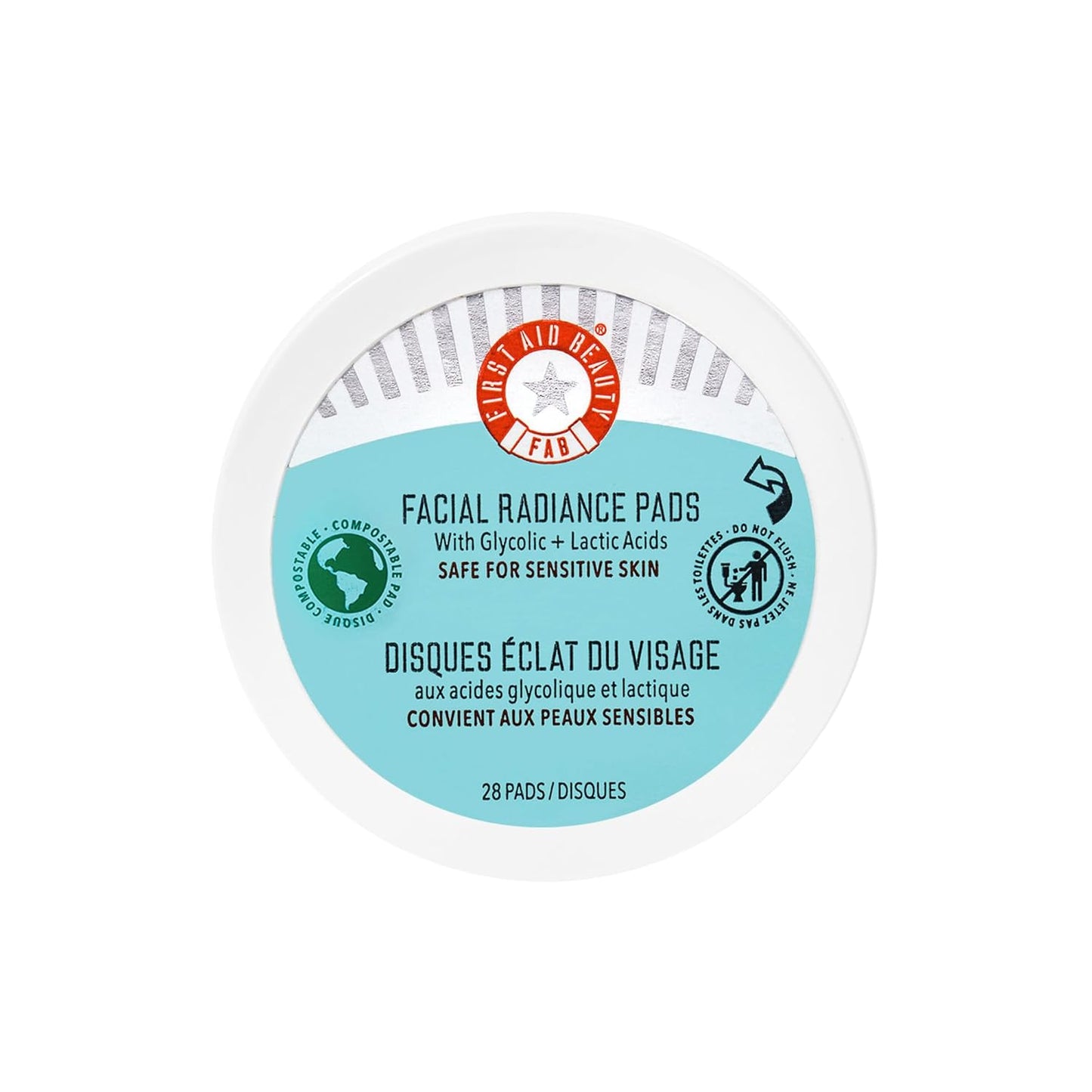 First Aid Beauty - Facial Radiance Pads with Glycolic & Lactic Acids, Daily Exfoliating Pads with AHA, Visibly Smaller Pores, Help Tone & Brighten Skin, One-Step Makeup Prep, Compostable, 28