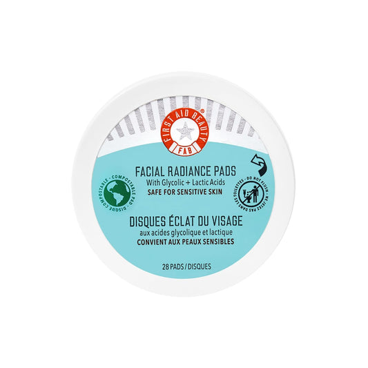 First Aid Beauty - Facial Radiance Pads with Glycolic & Lactic Acids, Daily Exfoliating Pads with AHA, Visibly Smaller Pores, Help Tone & Brighten Skin, One-Step Makeup Prep, Compostable, 28