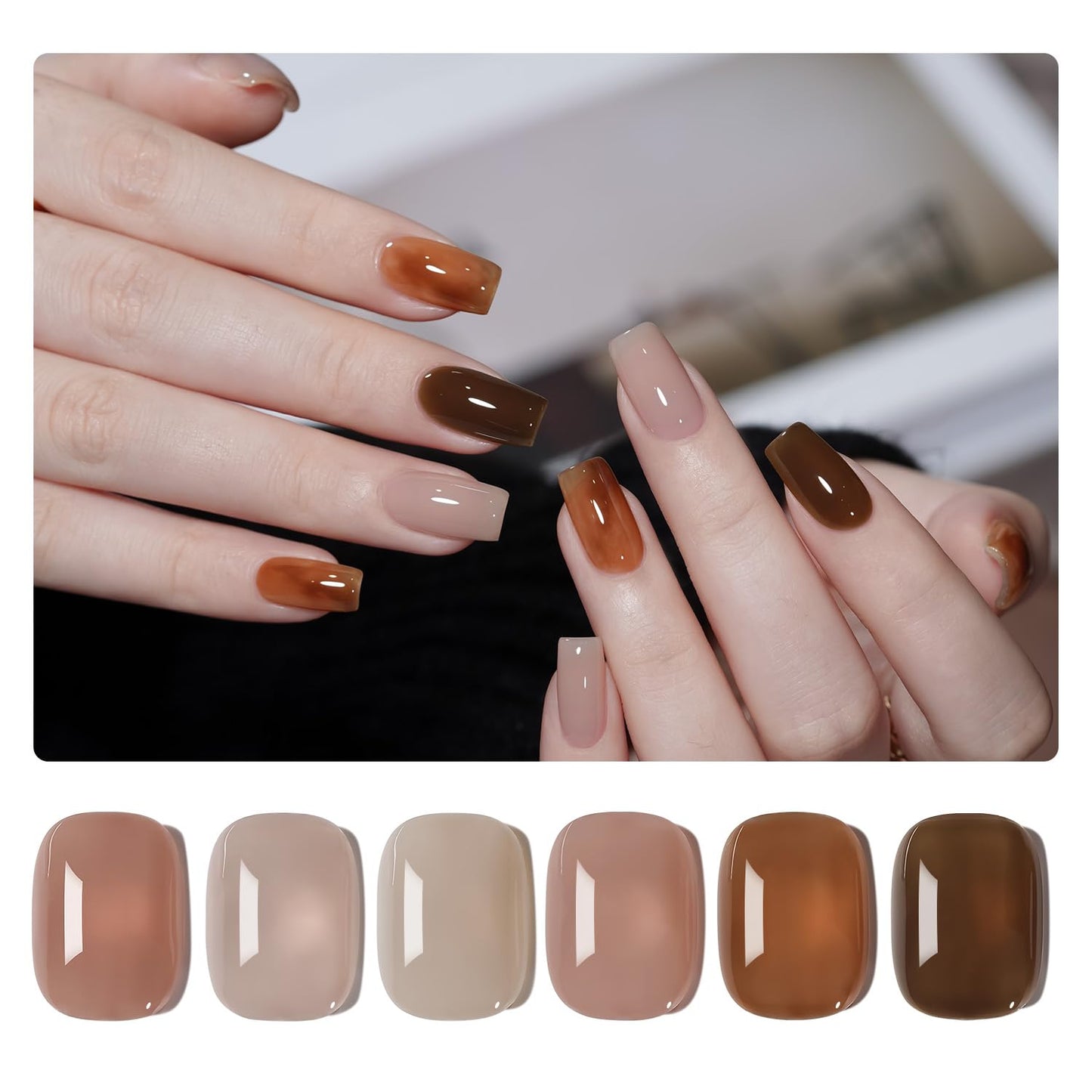 GAOY Jelly Brown Gel Nail Polish Set, 6 Transparent Colors Sheer Tortoise Fall Soak Off UV Light Cure Gel Polish Kit for Salon and Nail Art DIY at Home
