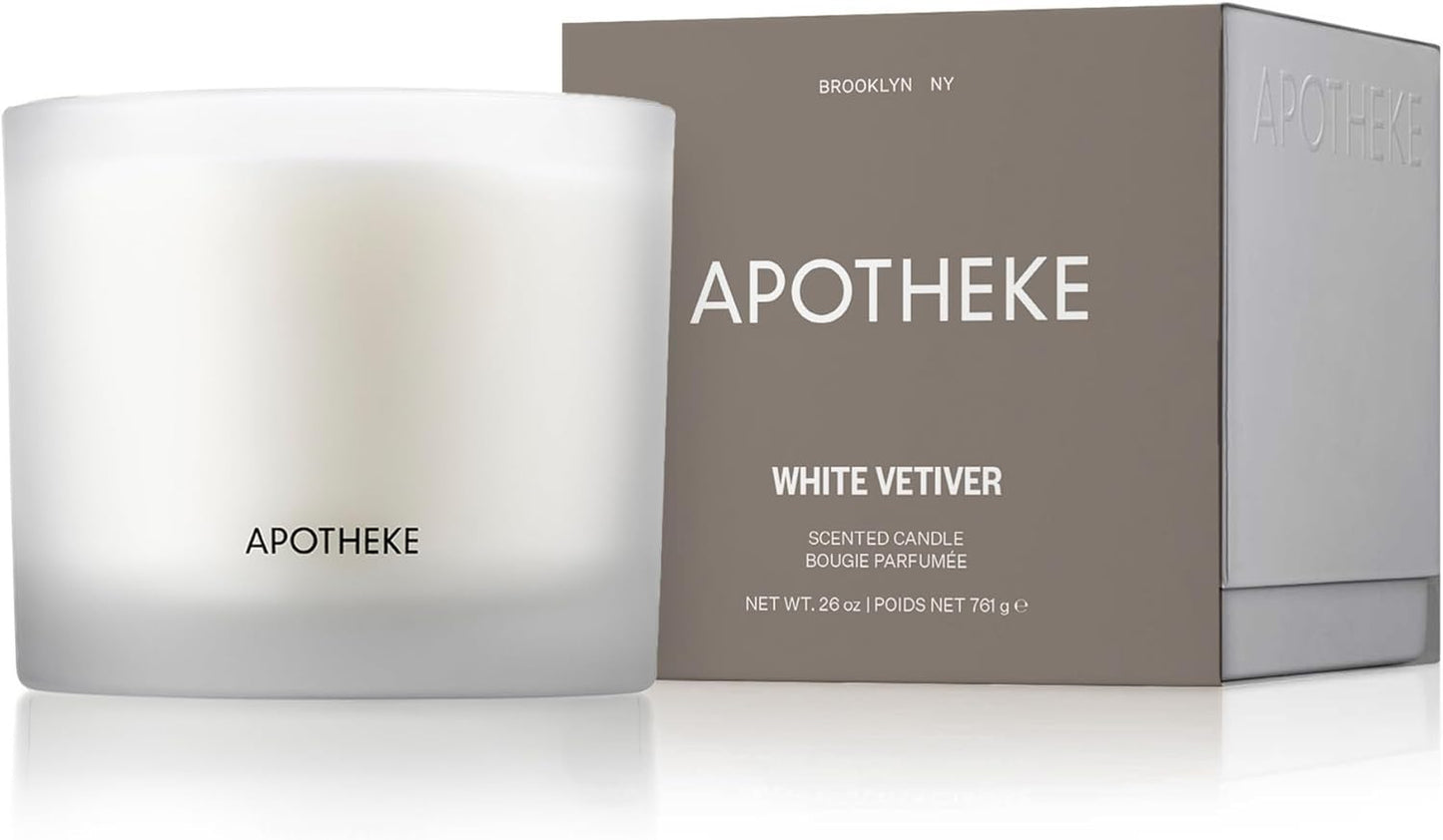Apotheke 3-Wick Scented Candles for Home, White Vetiver - 26 oz Soy Wax Jar Candle Gift for Women - Long-Lasting Fragrance with Perfume-Grade Essential Oils - Sandalwood, Eucalyptus & Vetiver