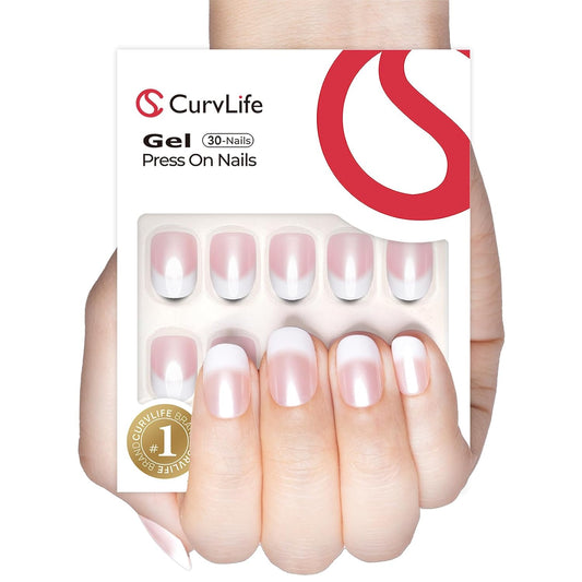 Curvlife Soft Gel Press on Nails Gel Fake Nails, French Style Design Full Cover False Nails for Women Reusable Nail Kit with Nail Glue Adhesive Tabs Nail File