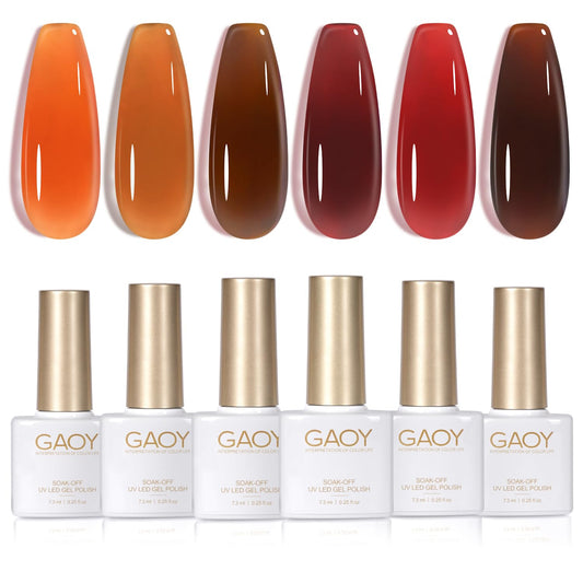 GAOY Jelly Tortoise Brown Gel Nail Polish Set, 6 Transparent Colors Dark Red Orange Pumpkin Soak Off UV Light Cure Gel Polish Kit for Salon and Nail Art DIY at Home