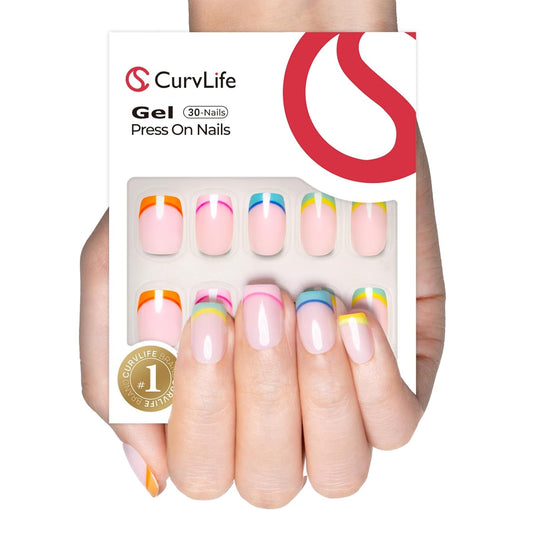 Curvlife Press on Nails Gel Fake Nails with Rainbow-French Design Full Cover False Nails for Women Reusable Nail Kit with Nail Glue Adhesive Tabs Nail File