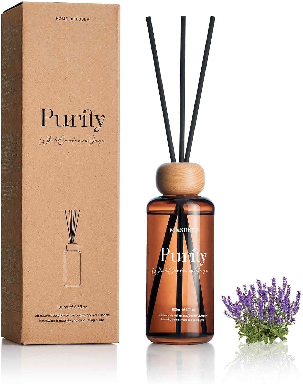 M&SENSE White Cardamom Sage Reed Diffuser: 6.3 fl oz Non-Toxic Aroma Set with Sticks, Light & Subtle Fragrance, Long-Lasting Natural Essential Oil Gifts for Bedroom, Shelf Decor & Small Spaces
