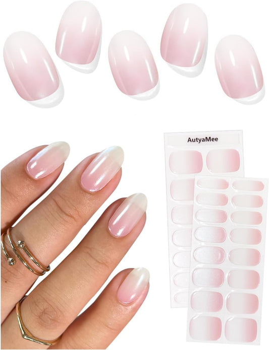 Semi Cured Gel Nail Strips (Chrome Omber Pink), Glazed Donut,30 Pcs Gel Nail Wraps, Stickers, Long Lasting