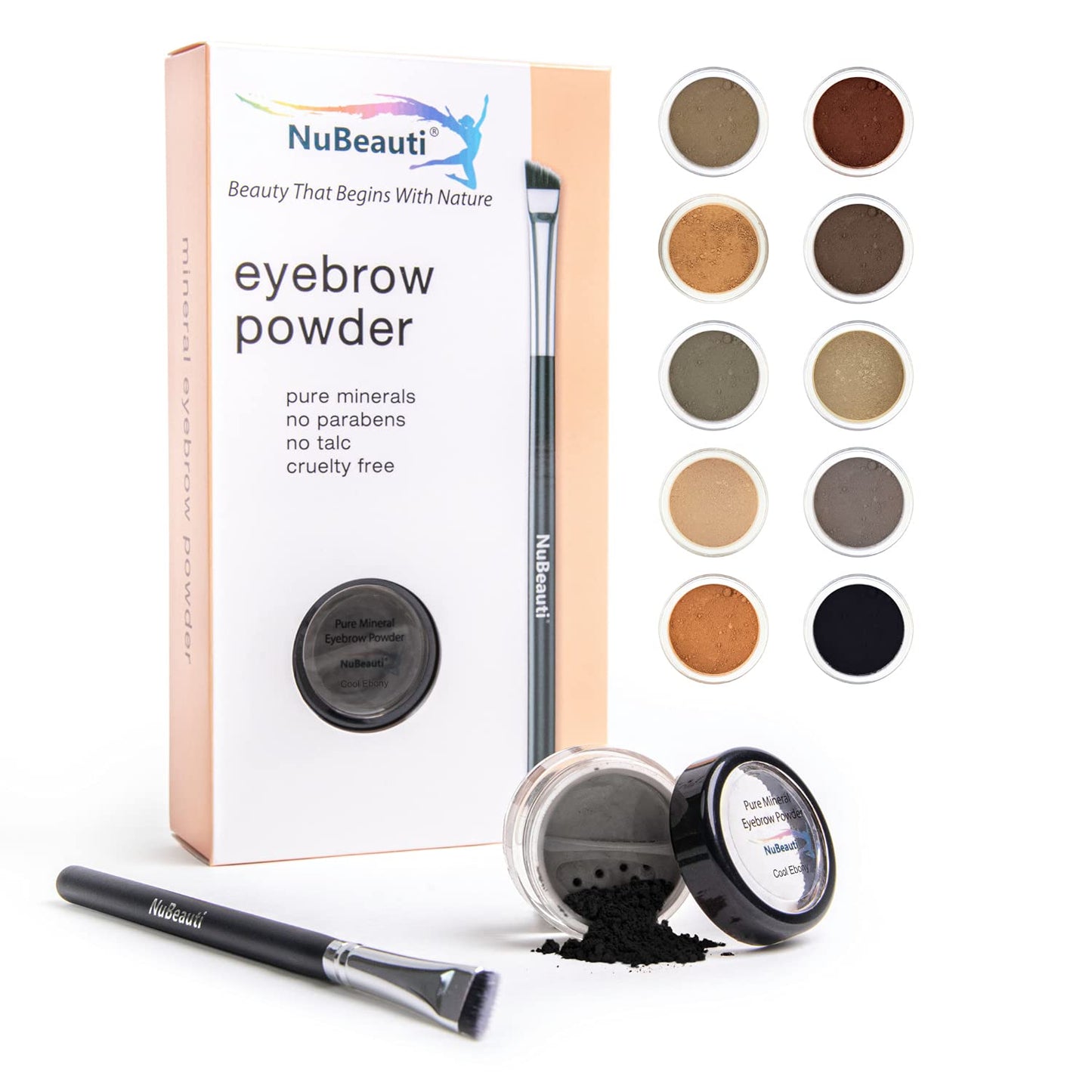 Natural Eyebrow Powder Kit - Mica Brow Makeup With Professional Angled Brush - 10 Natural Shades - No Parabens or Chemicals - Eyebrow Shaper
