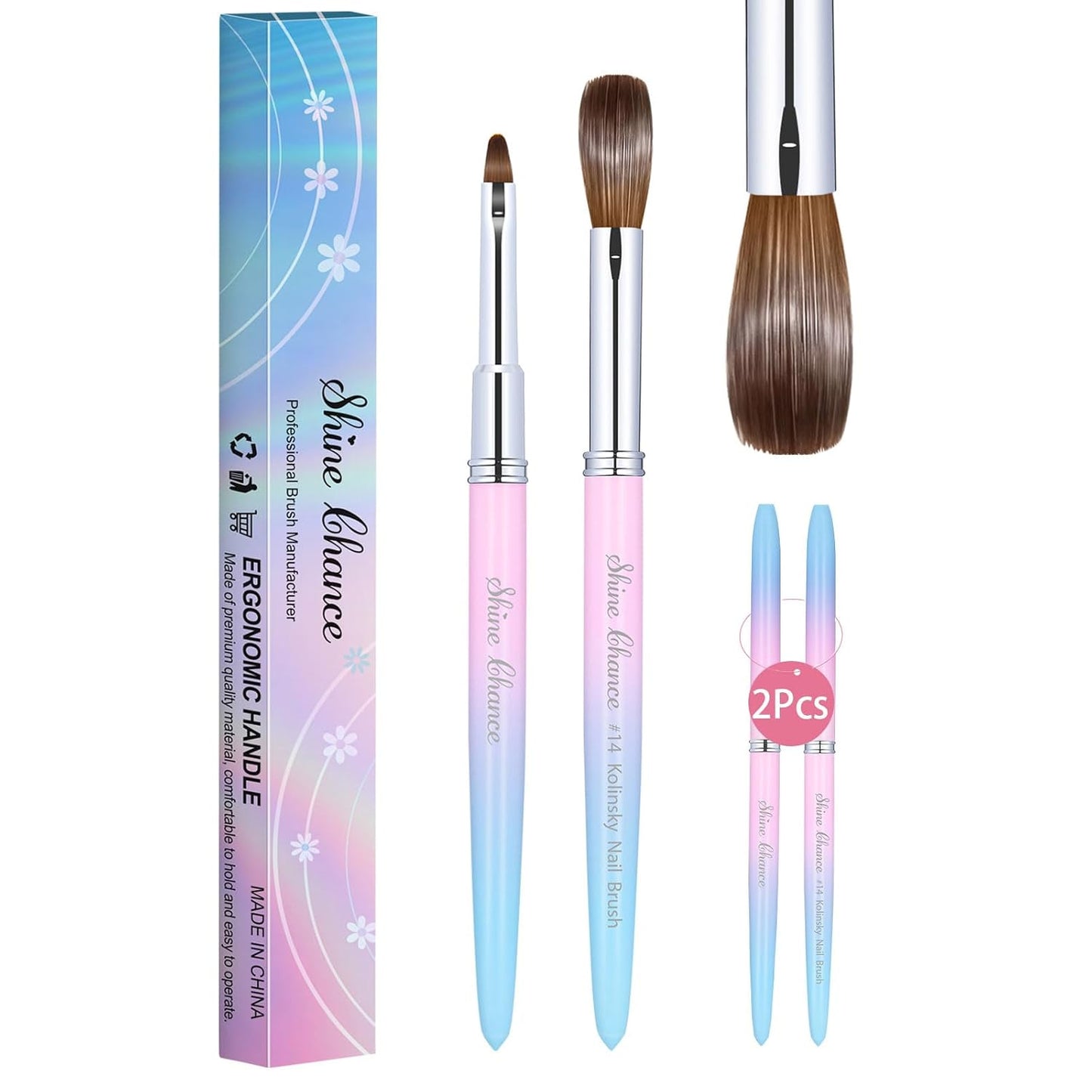 2Pcs Acrylic Nail Brushes Set, 100% Pure Kolinsky Size 14 Nail Art Brush & Small Clean Up Brush, Art Design & Polish Mistake Cleaning Manicure Tools for Women Acrylic Application
