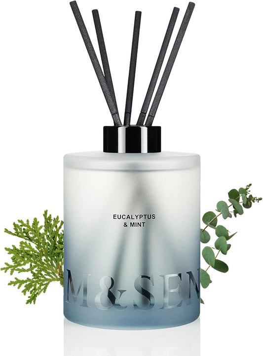 M&SENSE Eucalyptus Mint Reed Diffuser Set - 16.9 fl oz Long-Lasting Fragrance, Non-Toxic Scent Diffuser with Natural Oil Sticks | Housewarming Diffuser Gift for Mothers Day, Bathroom & Home Decor