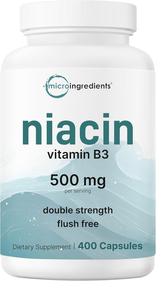 Micro Ingredients Niacin 500mg Per Serving, 400 Capsules | Flush Free B3 Vitamins | Double Strength Essential B Vitamin Supplement | Skin Care Health & Energy Support | Non-GMO, Gluten Free