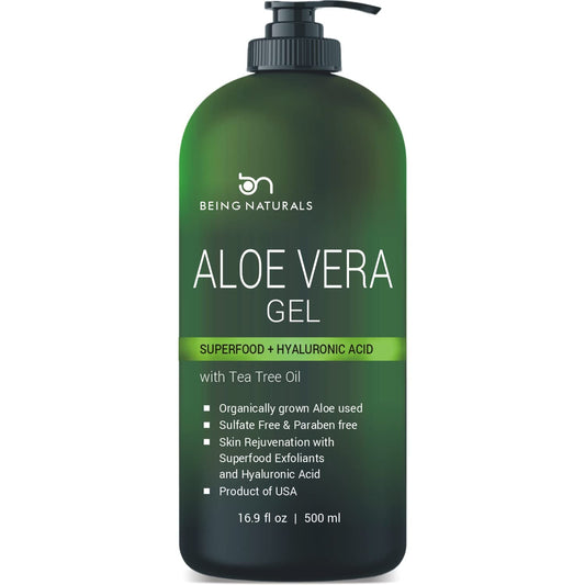 Aloe vera Gel - from 100% Pure Organic Aloe - Natural Raw Moisturizer for Face, Body, Hair. Perfect for Sunburn, Acne, Razor Bumps 16.9 fl oz (Tea Tree, Superfood, Hyaluronic Acid)