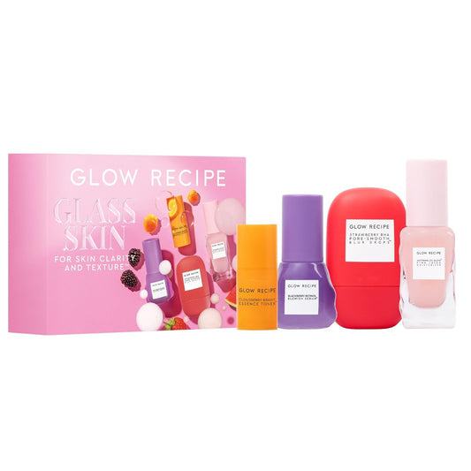 Glow Recipe Glass Skin Hydration Travel Size Korean Skincare Set - Includes Mini Cloudberry Facial Toner, Strawberry Blur Drops, Blackberry Retinol Serum & Pink Juice Moisturizer (4 Count)