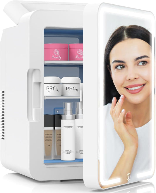 advwin 12L Mini Skincare Fridge with Dimmable LED Light Mirror, Makeup Fridge for Cooler & Warmer, Cosmetics, Beauty, Food & Drinks, Portable Small Refrigerator for Bedroom, Office, Dorm and Car