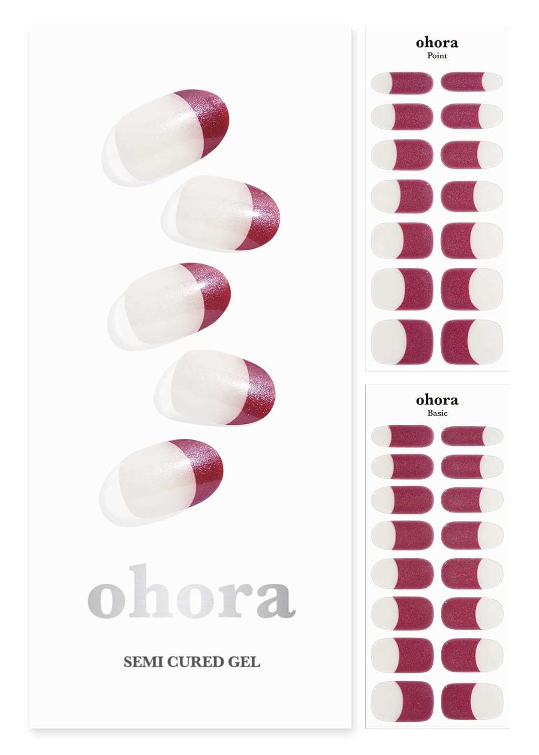 ohora Semi Cured Gel Nail Strips (N Red French) - Red, French, Works with Any UV/LED Lamps, Salon-Quality, Long Lasting, Easy to Apply & Remove - Includes 2 Prep Pads, Nail File & Wooden Stick