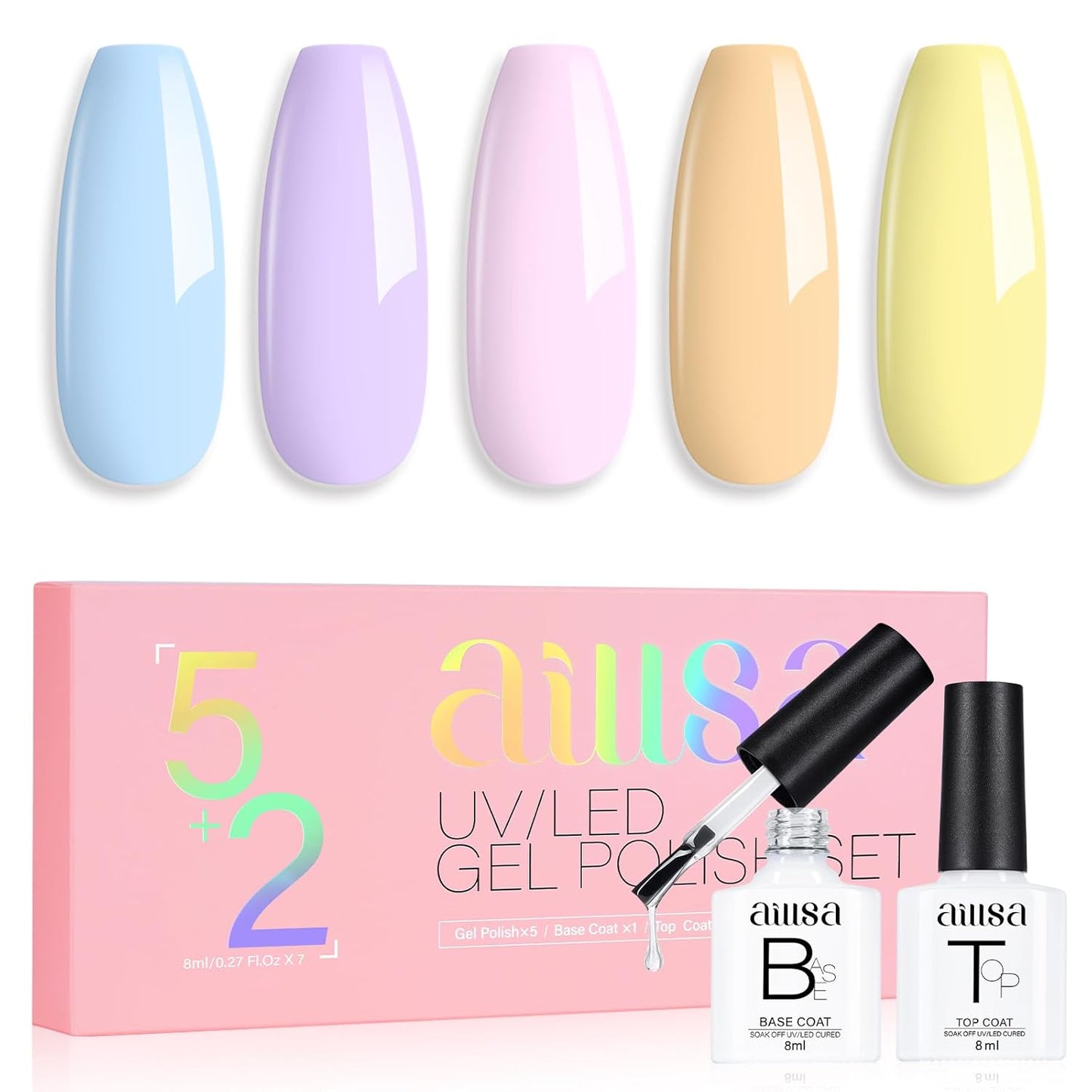 AILLSA Blue Gel Nail Polish Set Baby Blue Pastel Purple Yellow Macaron Gel Polish with Base and Top Coat, Long Lasting Summer Spring Color Soak Off U V L ED Manicure Art Salon DIY at Home 7Pcs 8ML