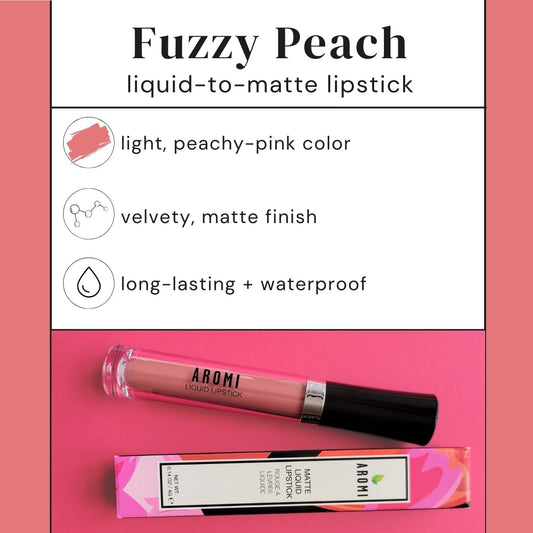 Aromi Peach Matte Liquid Lipstick | Peachy Nude Lip Color, Pink Caramel, Vegan, Cruelty-free, Long-Lasting, Handmade (Fuzzy Peach)