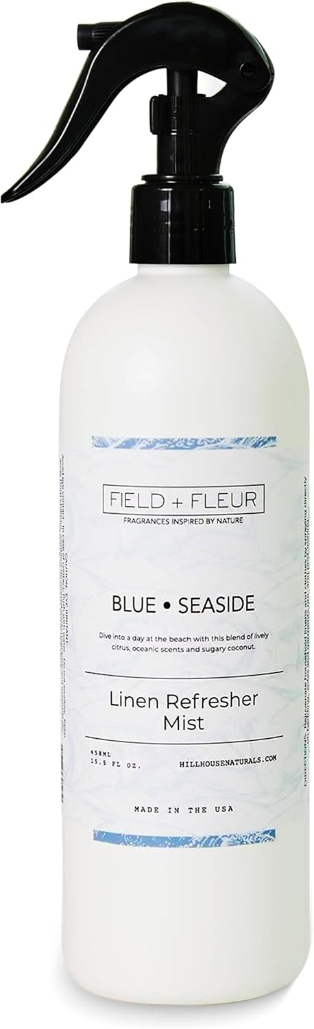 FIELD FLEUR Blue Seaside Linen & Room Spray 15.5 oz - Aromatic & Refreshing Bedding & Fabric Mist - Air Freshener for Clothes & Sofas - Notes of Citrus, Oceanic Breeze & Sugary Coconut -Made in USA
