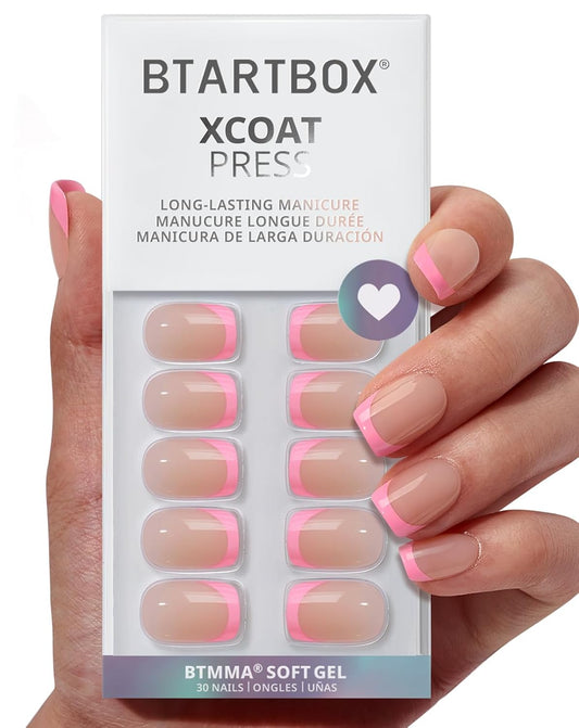 BTArtbox French Tip Press On Nails - Press on Nails Square, Pink Glue On Nails, Fit Perfectly & Natural Reusable Stick On Nails in 15 Sizes, 30 Pcs Soft Gel Kit, Dolce Pink