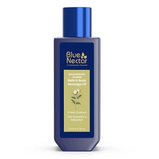 Blue Nectar Sensuous Jasmine Body Massage Oil for Relaxing Massage Therapy with Essential Oils | 100% Natural Ingredients (8 Herbs,3.4 fl oz)