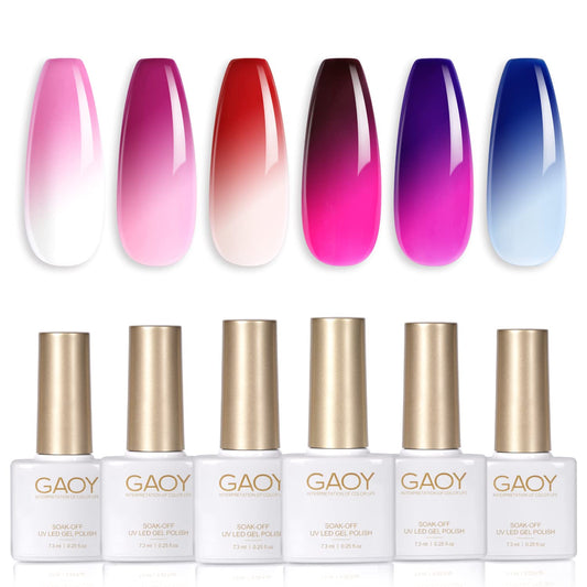GAOY Color Changing Gel Nail Polish Set, 6 Temperature Mood Changing Colors Red Pink Purple, Soak Off UV Light Cure Gel Polish for Salon and Nail Art DIY at Home