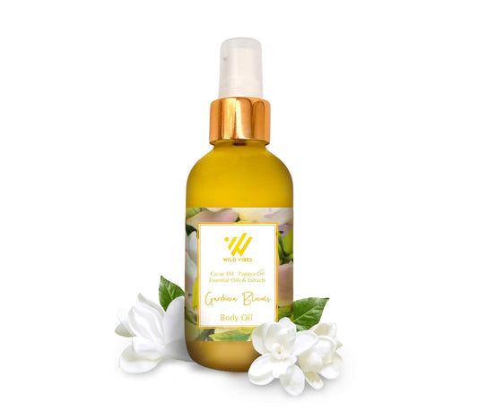 Wild Vibes Gardenia Blooms Organic Luxury Body Oil with Tropical Oils & Lupin Extract – Fast Absorbing Oil for Skin with Floral Scent – After Shower Care for Women 4 oz