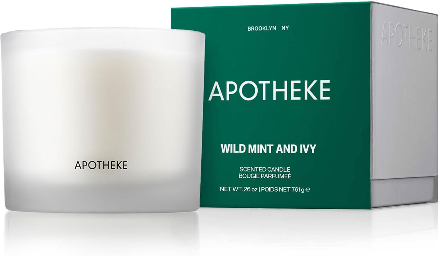 Apotheke 3-Wick Scented Candles for Home, Wild Mint & Ivy - 26 oz Soy Wax Jar Candle Gift for Women - Long-Lasting Fragrance with Perfume-Grade Essential Oils - Eucalyptus, Patchouli, Cedarwood & Rose