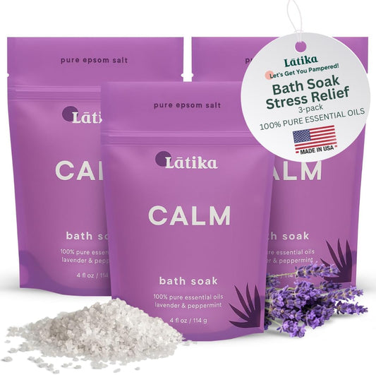 Latika Soaks Set of 3 - Calm Bath Soaks with Lavender & Peppermint, Moisturizing Epsom Salt Soak for Stress Relief, Relaxation, and Skin Nourishment, at-Home Spa Retreat Gift