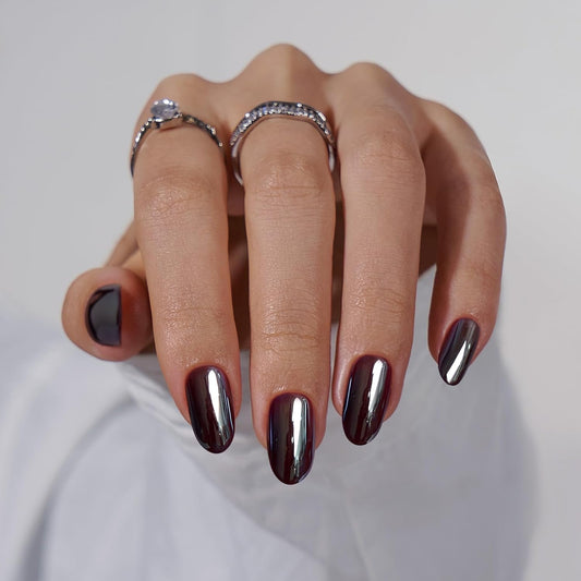 BTArtbox Press On Nails Short - Dark Oval Press On Nail, Chrome Glazed Glue On Nails, Supremely Fit & Glossy Stick On Nails in 16 Sizes - 30 Fake Nails Kit, Magic Mirror