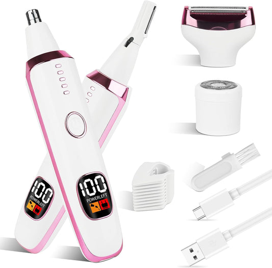 2025 Rechargeable Nose and Ear Hair Trimmer with LED Dispaly for Women Men,4 in 1 Painless Eyebrow & Facial Hair Trimmer with Powerful Motor,Ladies Wet & Dry Electric Razor (White)