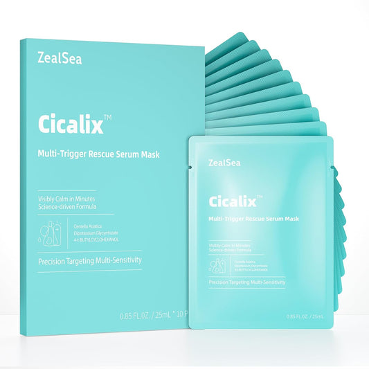 Cicalix Face Masks Skincare Set, ZealSea Derm Solution Sheet Mask for Multi-Trigger Sensitivity, Soothing & Calming, Strengthen & Restore Skin, Facial Mask with Cica & Ceramide, 10 Pack