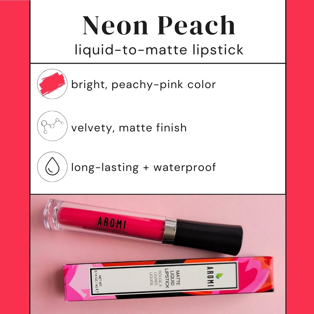 Aromi Matte Liquid Lipstick | Long-lasting, Bright Peachy Coral Lip Color, Vegan, Cruelty-free, Gluten Free Waterproof (Neon Peach)