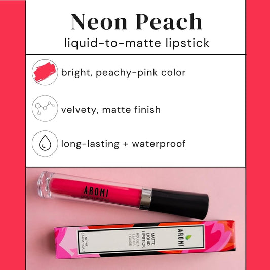 Aromi Matte Liquid Lipstick | Long-lasting, Bright Peachy Coral Lip Color, Vegan, Cruelty-free, Gluten Free Waterproof (Neon Peach)