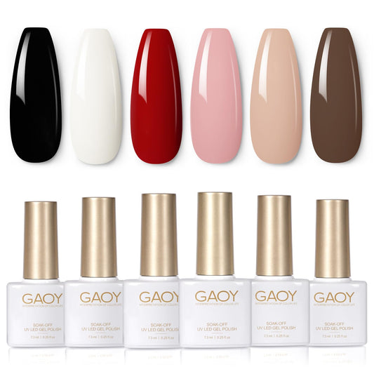 GAOY White Red Black Gel Nail Polish Set, 6 Colors Brown Pink Nude Soak Off UV Light Cure Gel Polish Kit for Salon and Nail Art DIY at Home