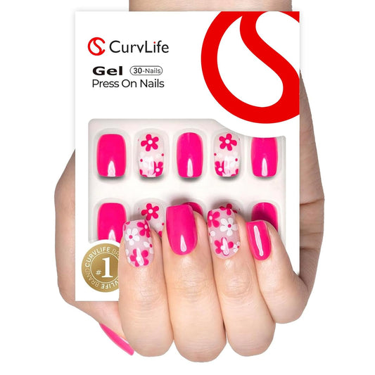 Curvlife Soft GelPress on Nails, 30Pcs 15 Sizes Nail Tips, Full Cover Pink Flower Short Design Reusable Gel Nails Kit with Glue and Adhesive Tabs