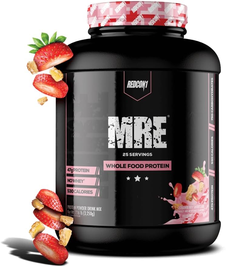 REDCON1 MRE Protein Powder, Strawberry Shortcake - Meal Replacement Protein Blend Made with MCT Oil & Whole Foods - Protein with Natural Ingredients to Aid in Muscle Recovery (25 Servings)