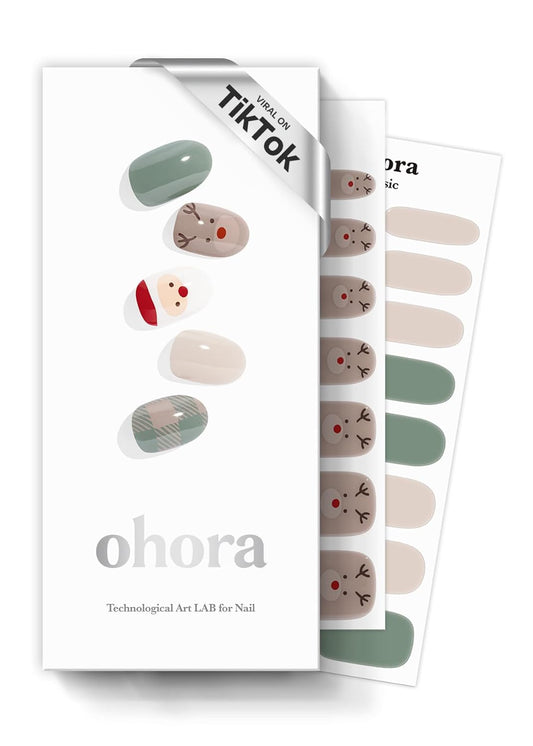 ohora Semi Cured Gel Nail Strips (N Merry-Merry) - Red/Green Works with Any UV/LED Lamps, Salon-Quality, Long Lasting, Easy to Apply & Remove - Includes 2 Prep Pads, Nail File & Wooden Stick