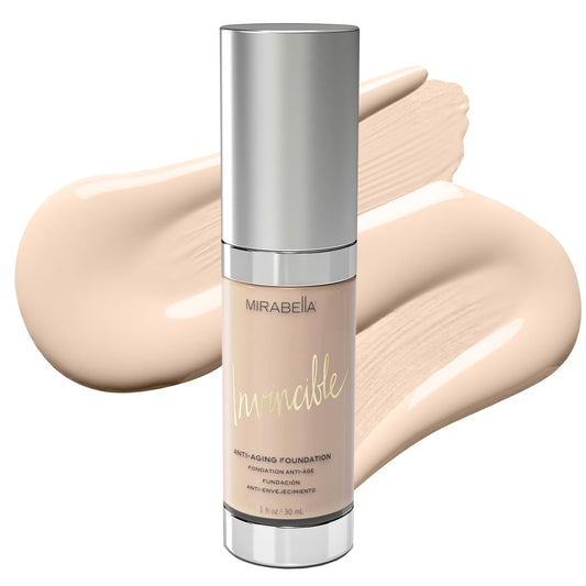Mirabella Invincible For All HD Liquid Foundation - Anti-Aging Full Coverage Liquid Face Makeup - Moisturizing, Hydrating & Lightweight Foundation for All Skin Types (Porcelain 0, Original Packaging)