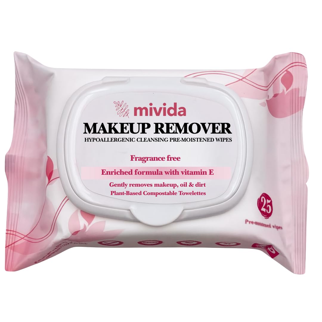 mivida Hypoallergenic Makeup Remover Wipes | Fragrance-Free with Vitamin E | Plant Based Facial Cleansing Make up Remover Face Wipes | Gentle on Sensitive Skin, 25 Count