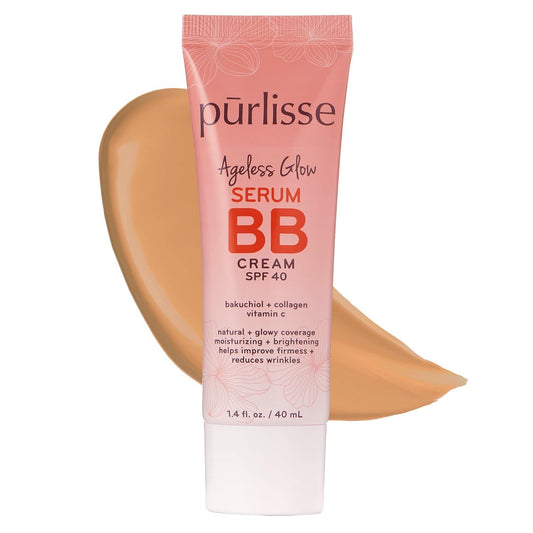 pūrlisse Ageless Glow Serum BB Cream SPF 40 - Glow BB Cream with SPF Enriched with Bakuchiol & Vitamin C to Help Improve Firmness & Reduce Wrinkles for Dewy Skin - Medium Golden (1.4 oz)