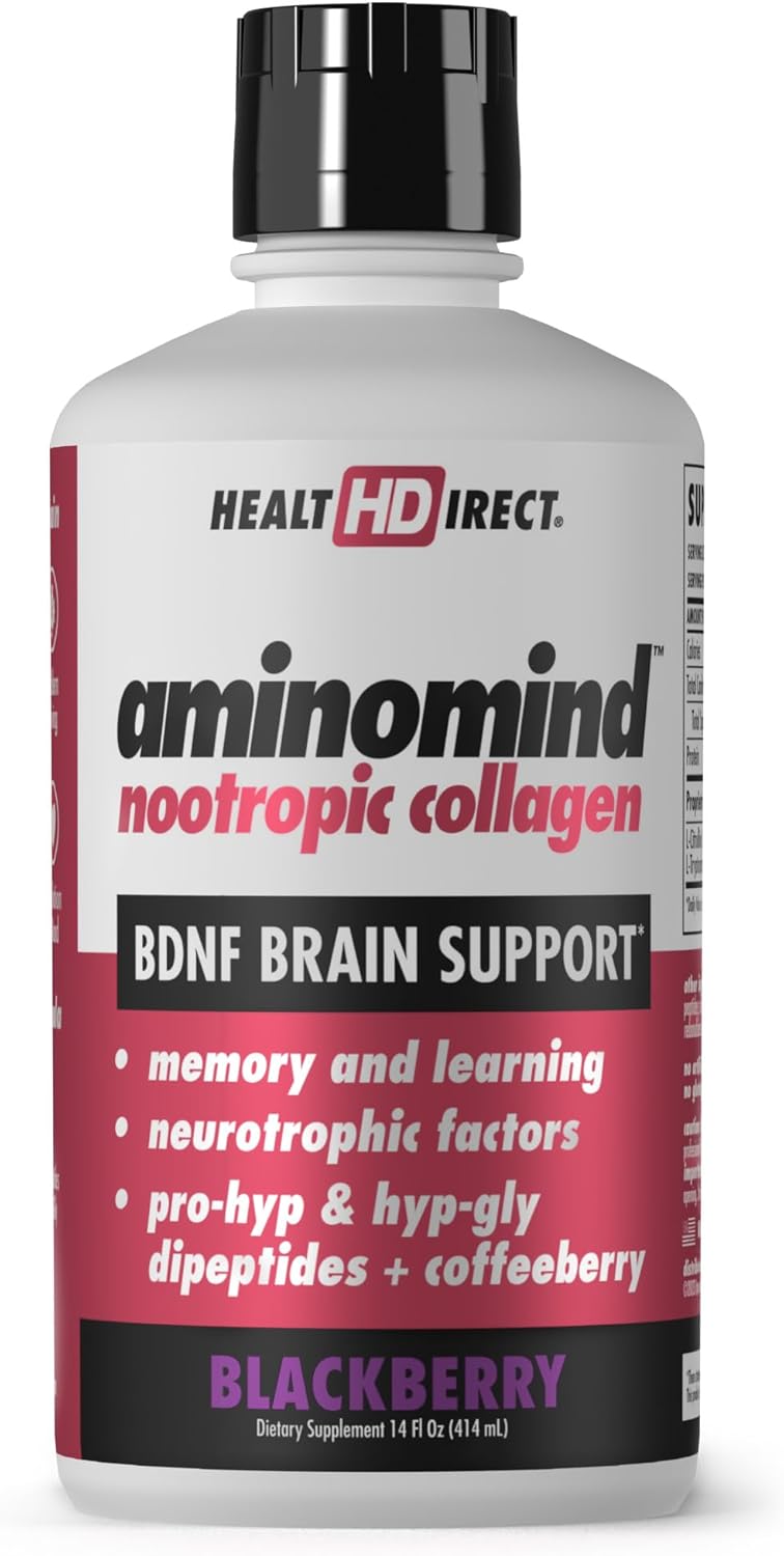 HEALTH DIRECT - AminoMind - Nootropic Collagen Supplement for Brain Health and BDNF - Pro-Hyp & Hyp-Gly Dipeptides, Coffeeberry Antioxidants - BlackBerry - 14 Fl Oz (28 Servings)