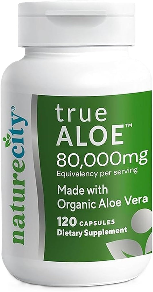 NatureCity True-Aloe Gut Health Support – 80,000mg Aloe Vera Gel Equivalent Per Serving – Organic Aloe Vera (120 Capsules) for Digestive, Skin & Joint Support | Small Easy-to-Swallow Pills