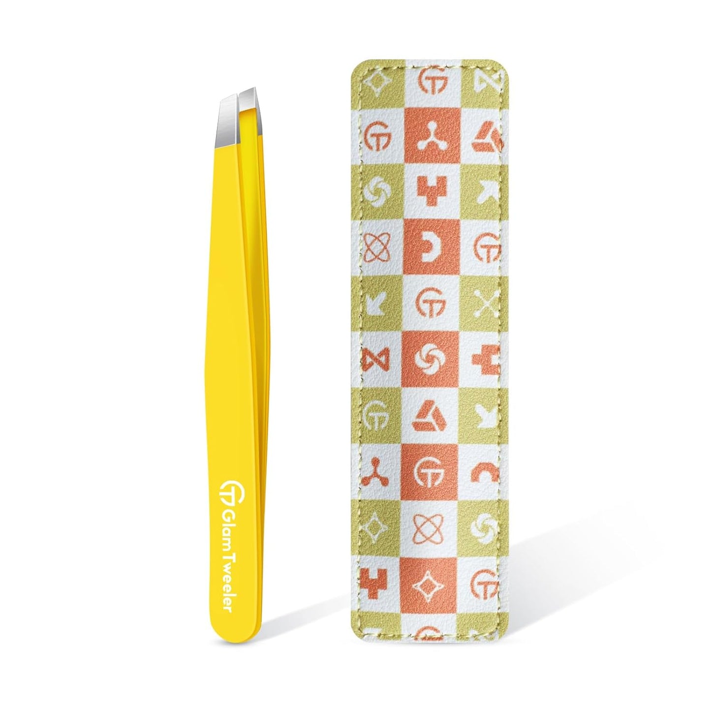 Expert Eyebrow Hair Removal Tweezer with Leather Case, GlamTweeler High Precision Slant Tip Stainless Steel Tweezers for Men and Women (Chartreuse Yellow)