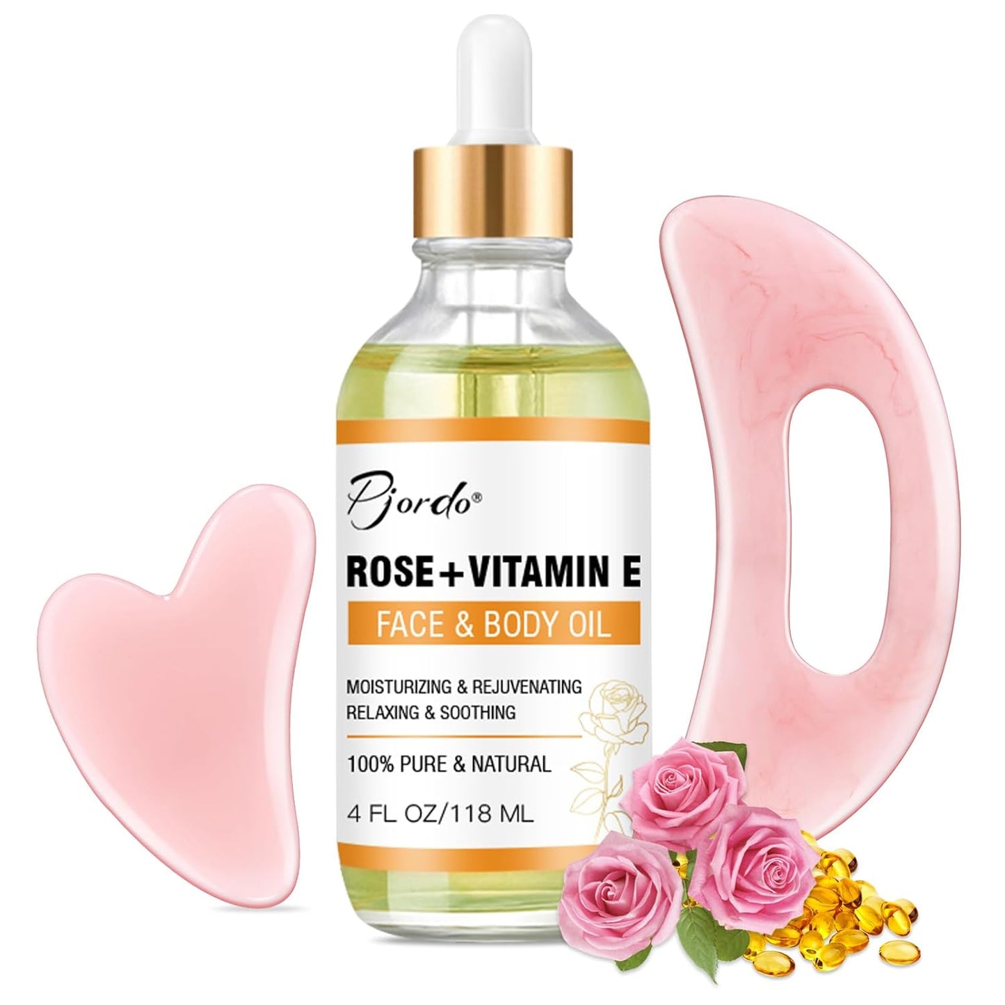 Vitamin E Rose Oil & Gua Sha Massage Tools Set, Gua Sha Oil for Face & Body, Organic Vitamin E Oil for Moisturizing and Hydrating, Anti Aging, Spa Gifts for Him Her