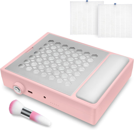 Madenia Powerful Nail Dust Collector - Brushless Quiet Vacuum Suction Fan Extractor with Hand Pillow 2 Filters 1 Brush, Nail Dust Cleaner Machine for Acrylic Gel Nail Polishing Nail Tech Use, Pink